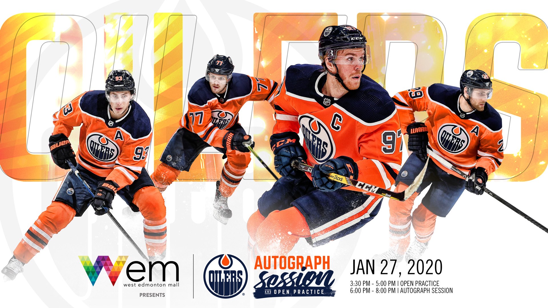 The Edmonton Oilers are hosting an open practise and autograph session at West Edmonton Mall on January 27th and you're invited. 